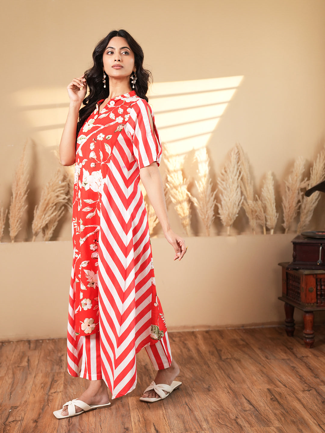 Red Floral Stripe Cotton Kurta Set