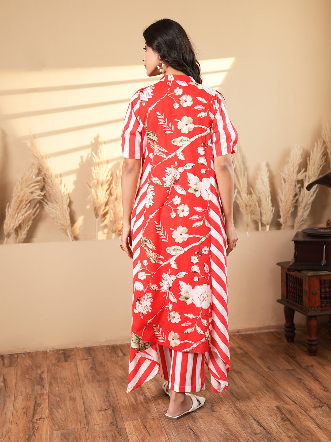 Red Floral Stripe Cotton Co-ord Set