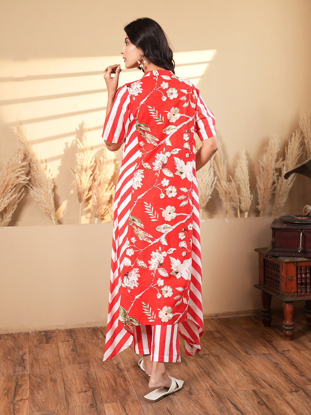 Red Floral Stripe Cotton Co-ord Set