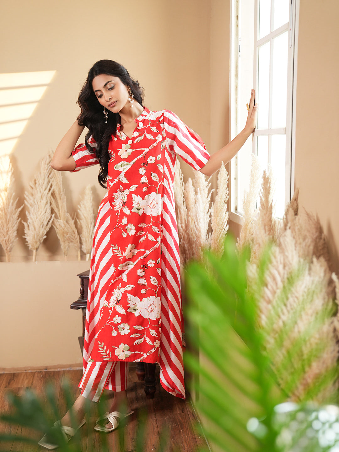 Red Floral Stripe Cotton Kurta Set