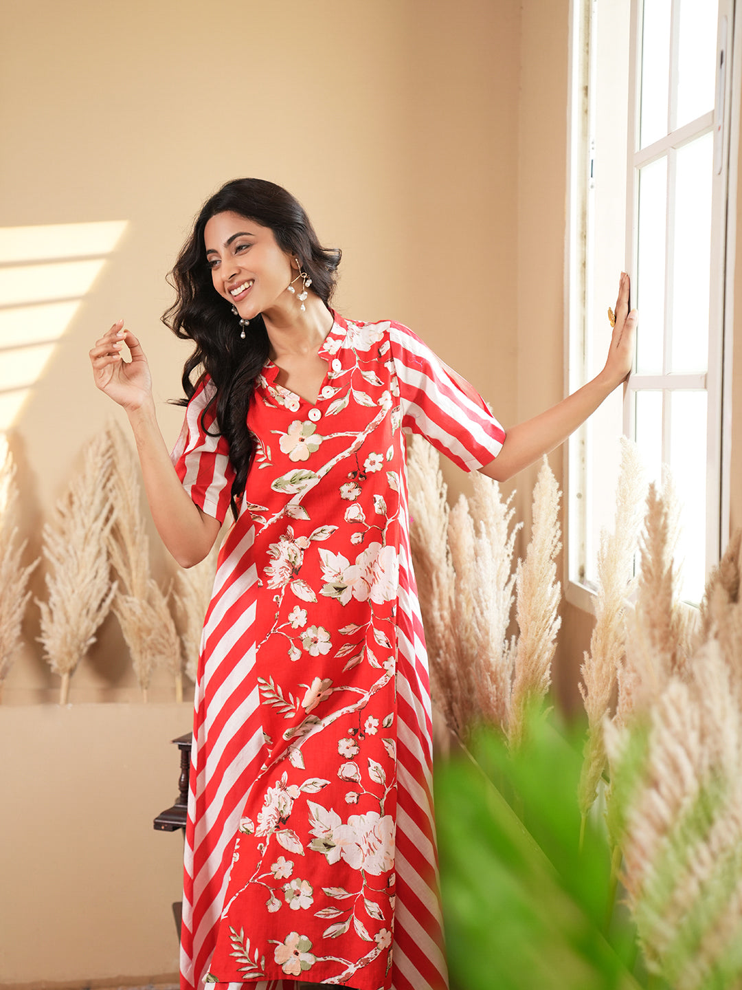 Red Floral Stripe Cotton Kurta Set