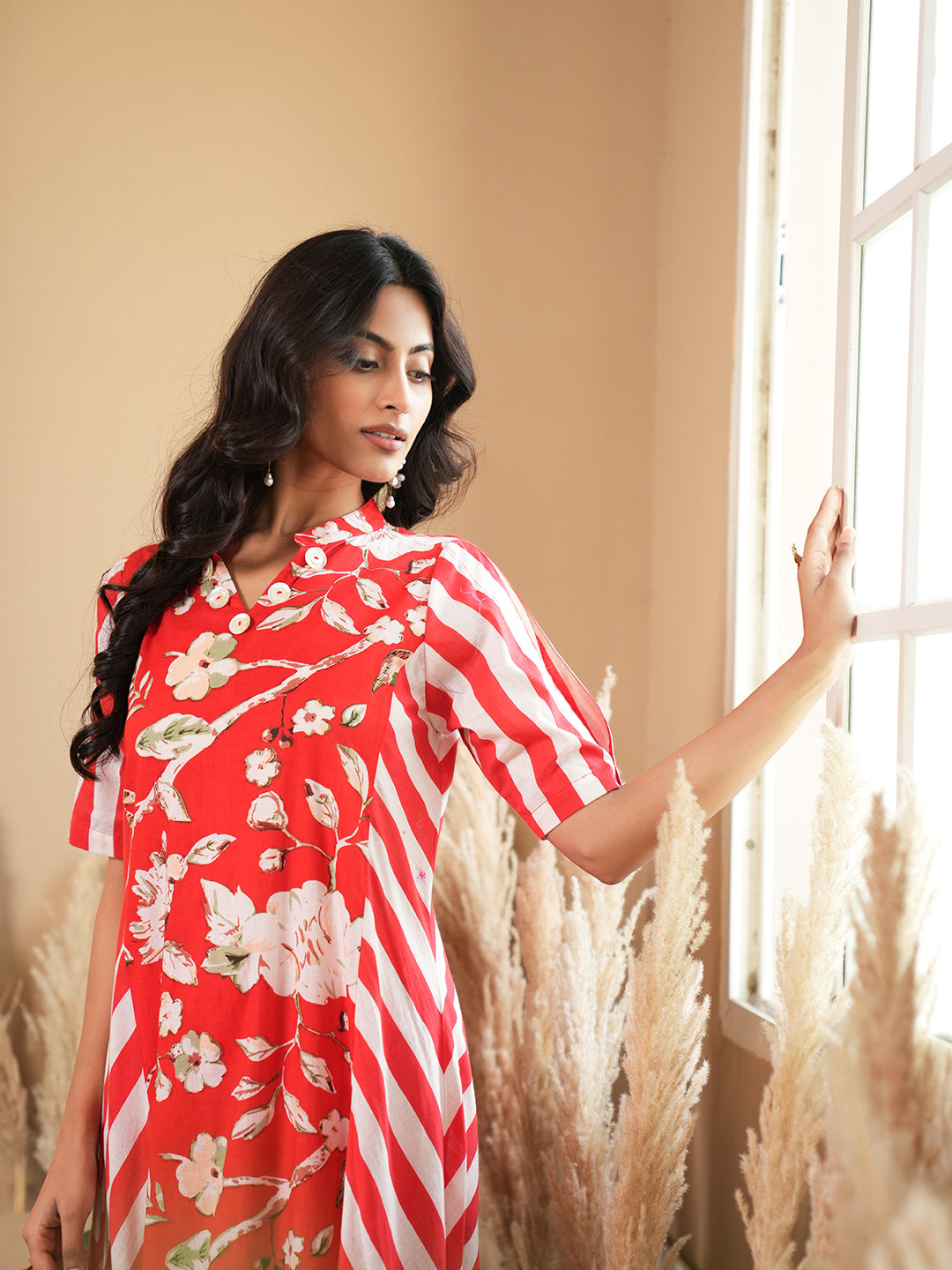 Red Floral Stripe Cotton Kurta Set