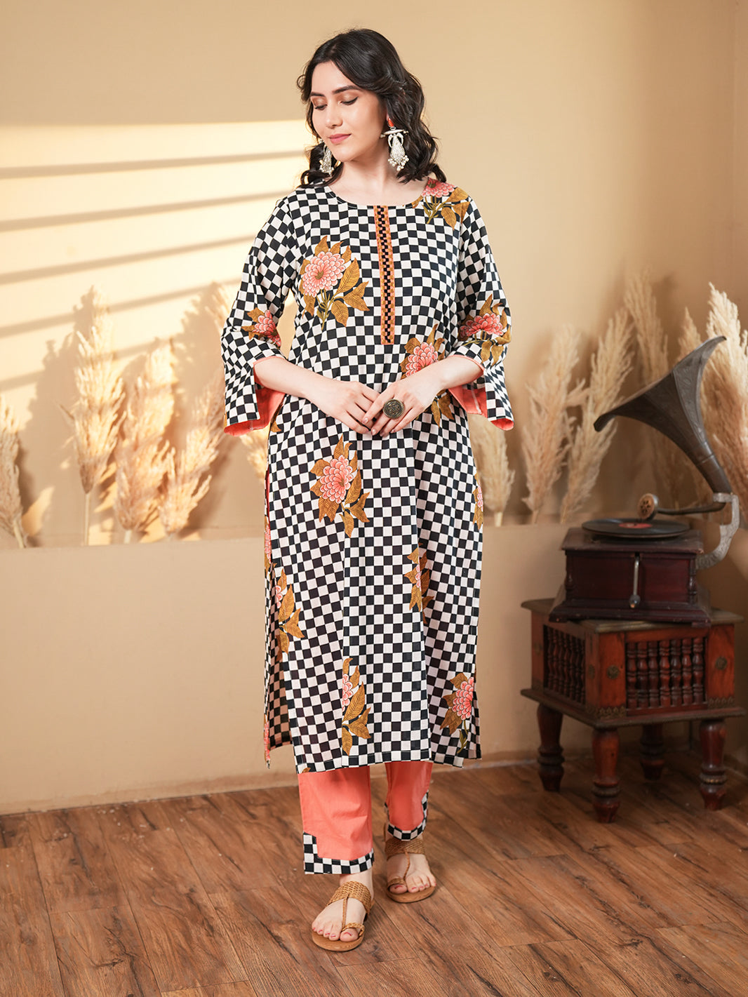 Peach Floral Check Embroidered Cotton Kurta Set