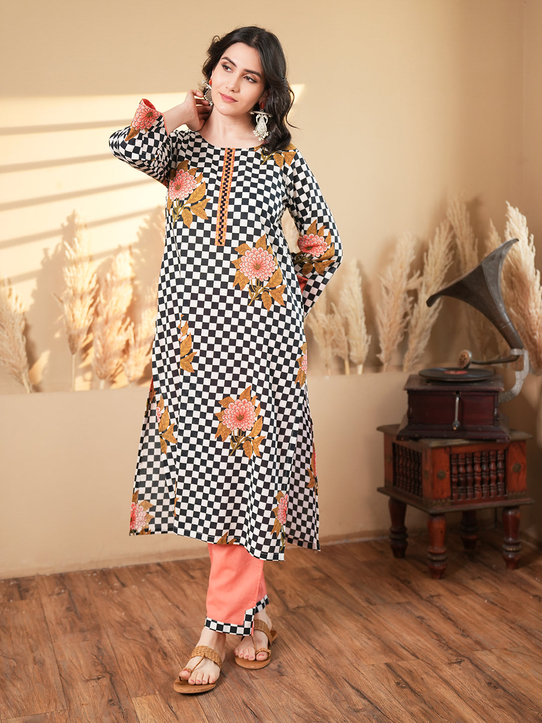 Peach Floral Check Embroidered Cotton Kurta Set