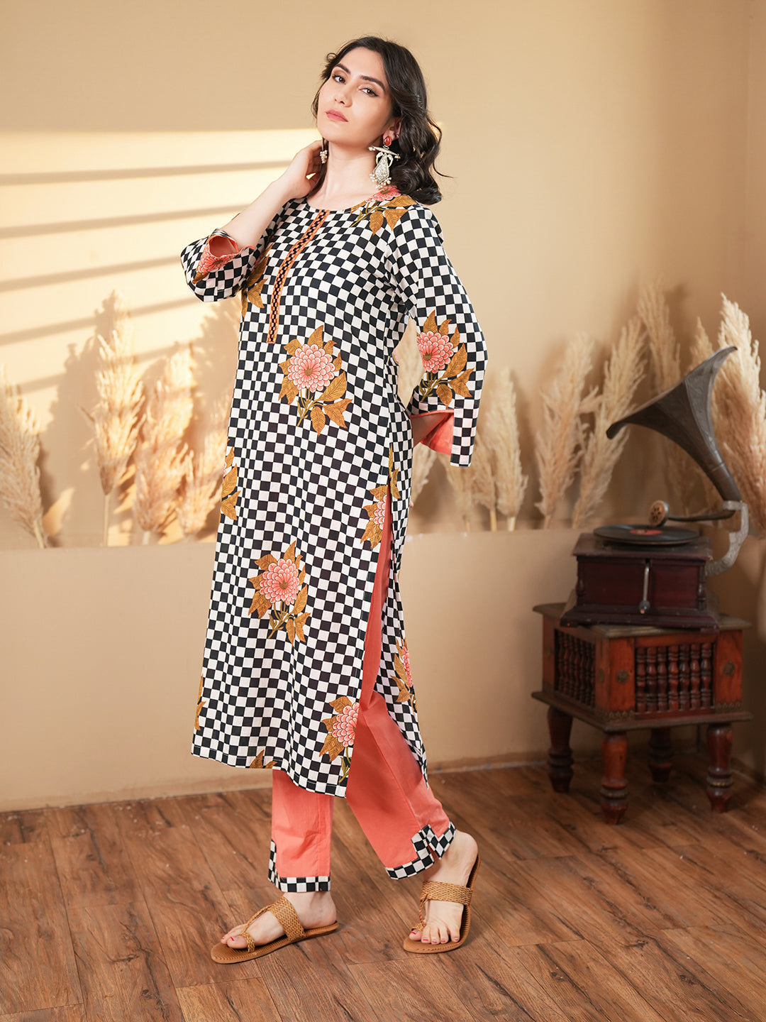 Peach Floral Check Embroidered Cotton Kurta Set