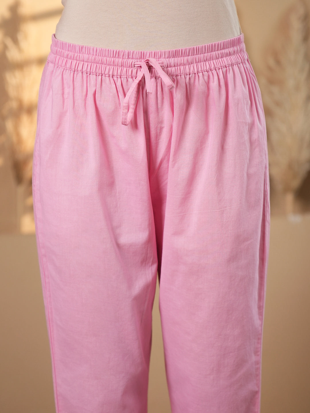 Solid Pink Lace Trim Detailing Kurta Set
