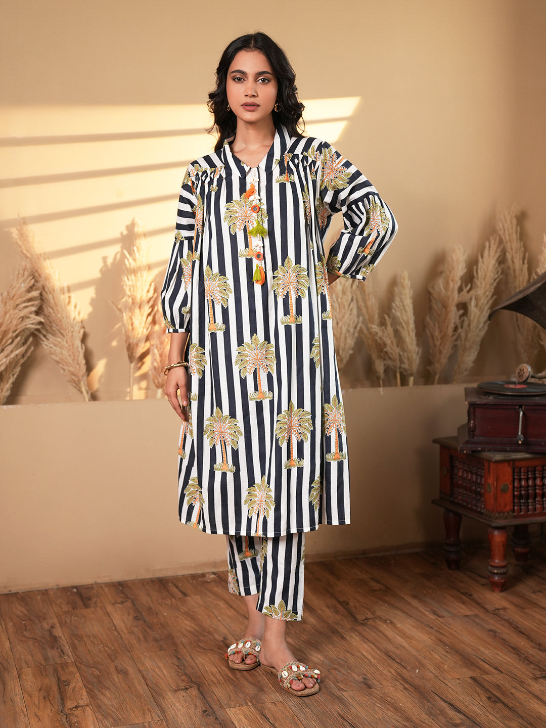 Striped A-Line Cotton Co-ord Set with Printed Motifs