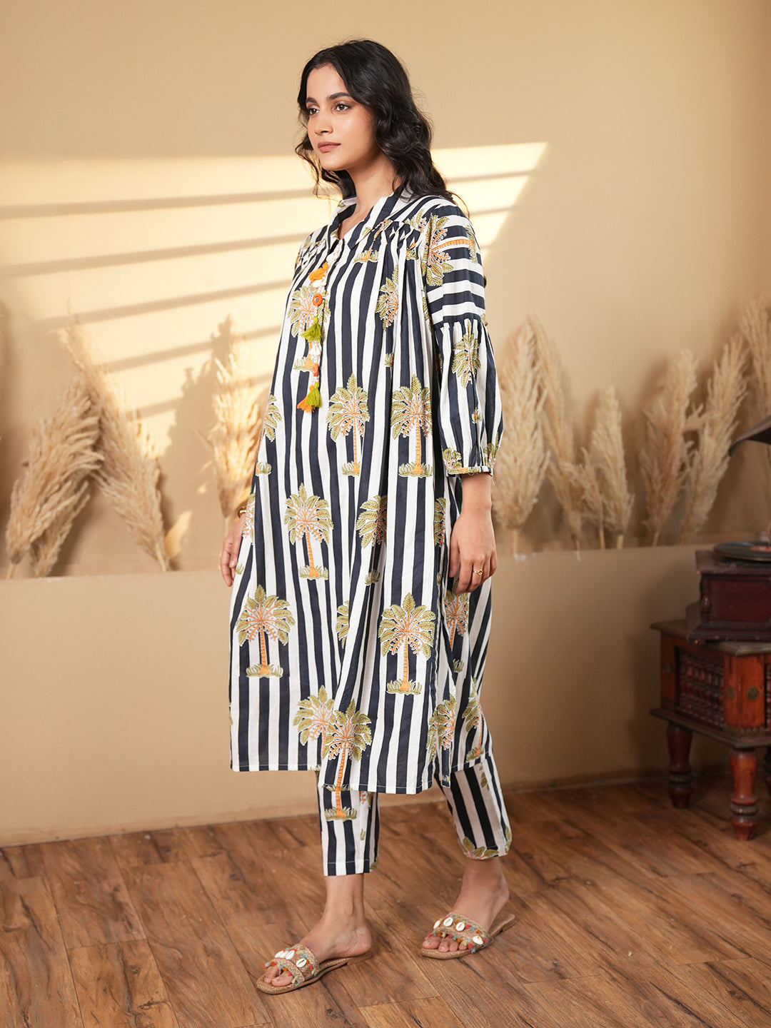 Striped A-Line Cotton Co-ord Set with Printed Motifs
