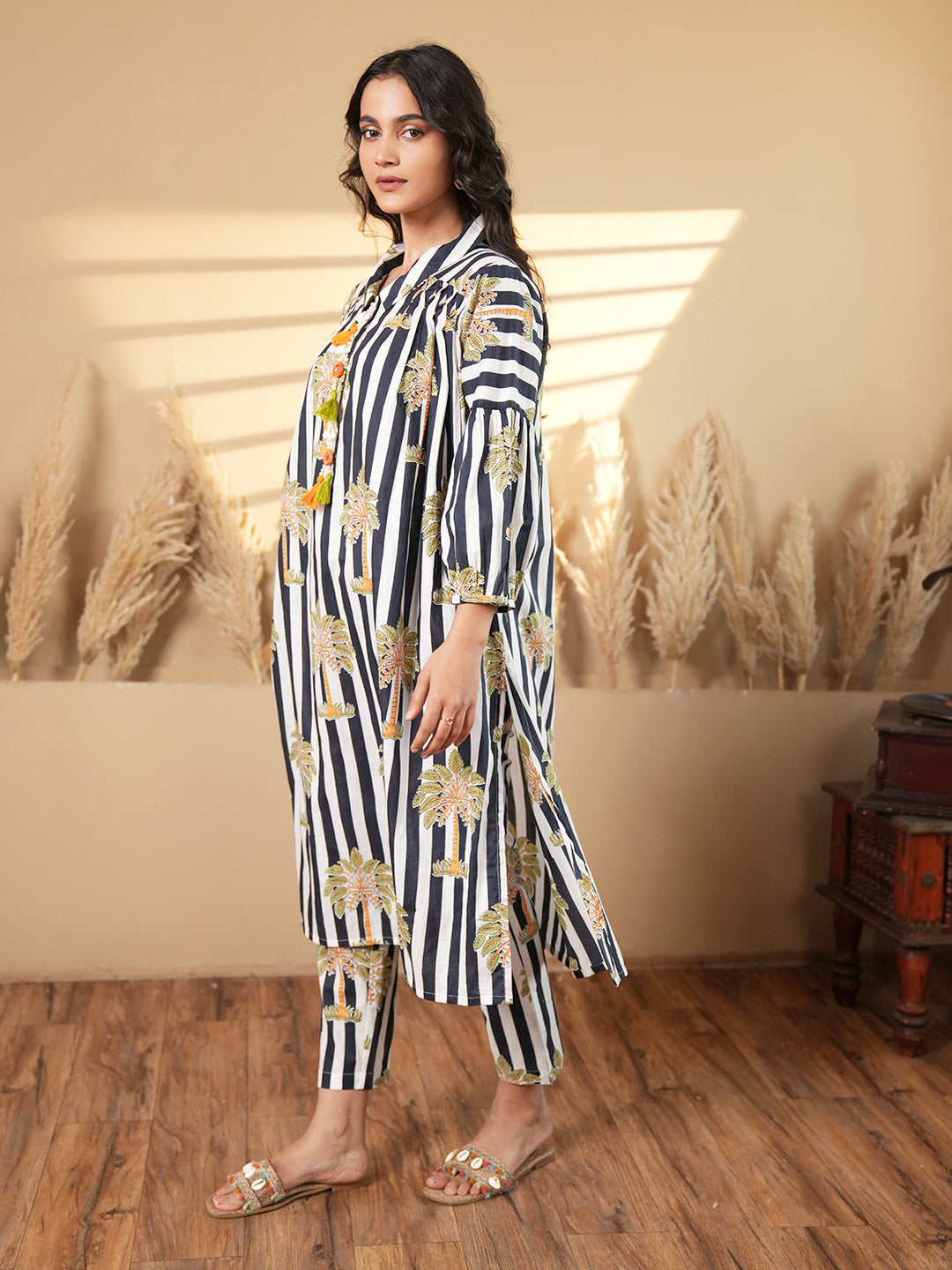 Striped A-Line Cotton Co-ord Set with Printed Motifs