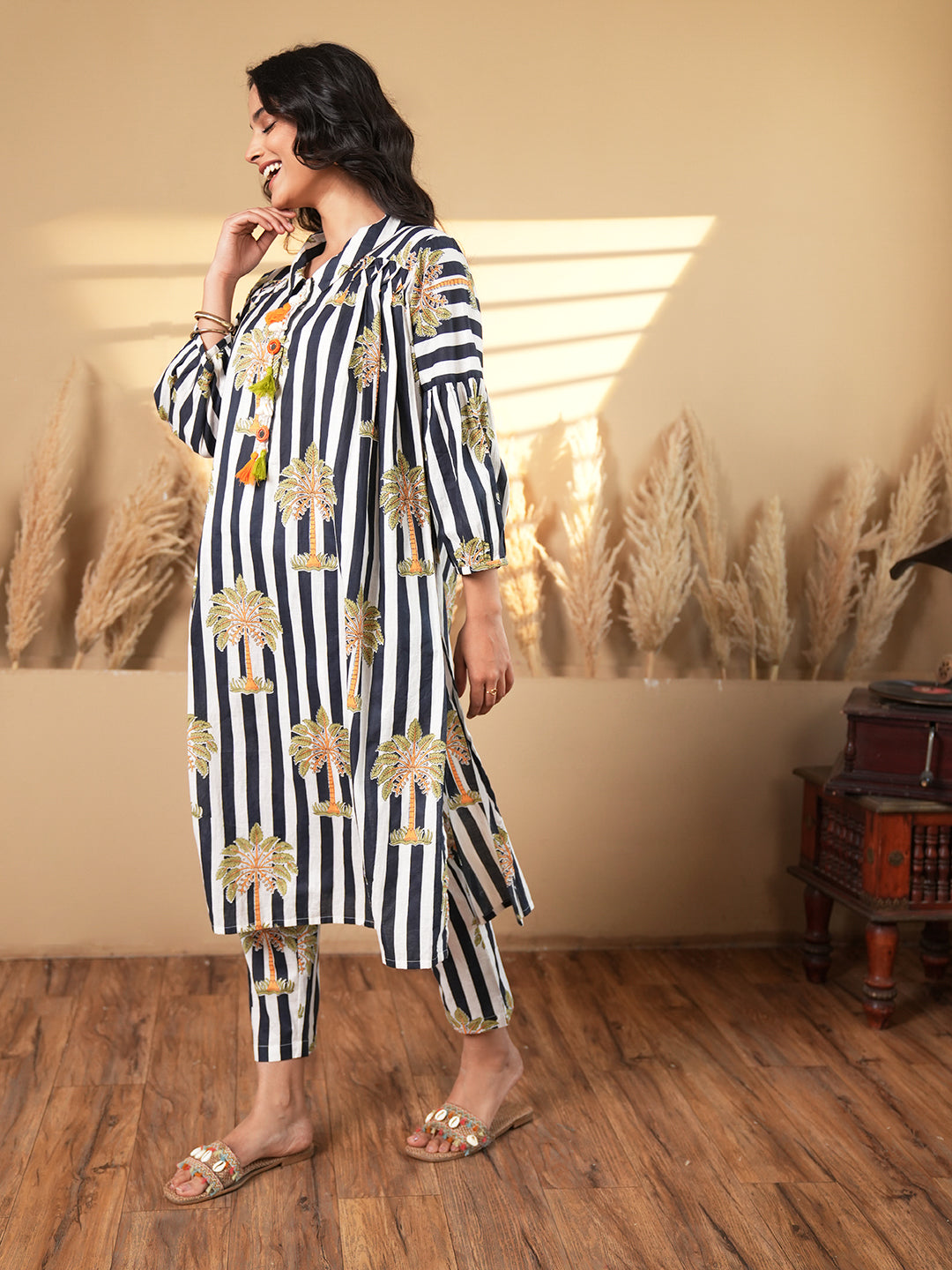 Striped A-Line Cotton Co-ord Set with Printed Motifs