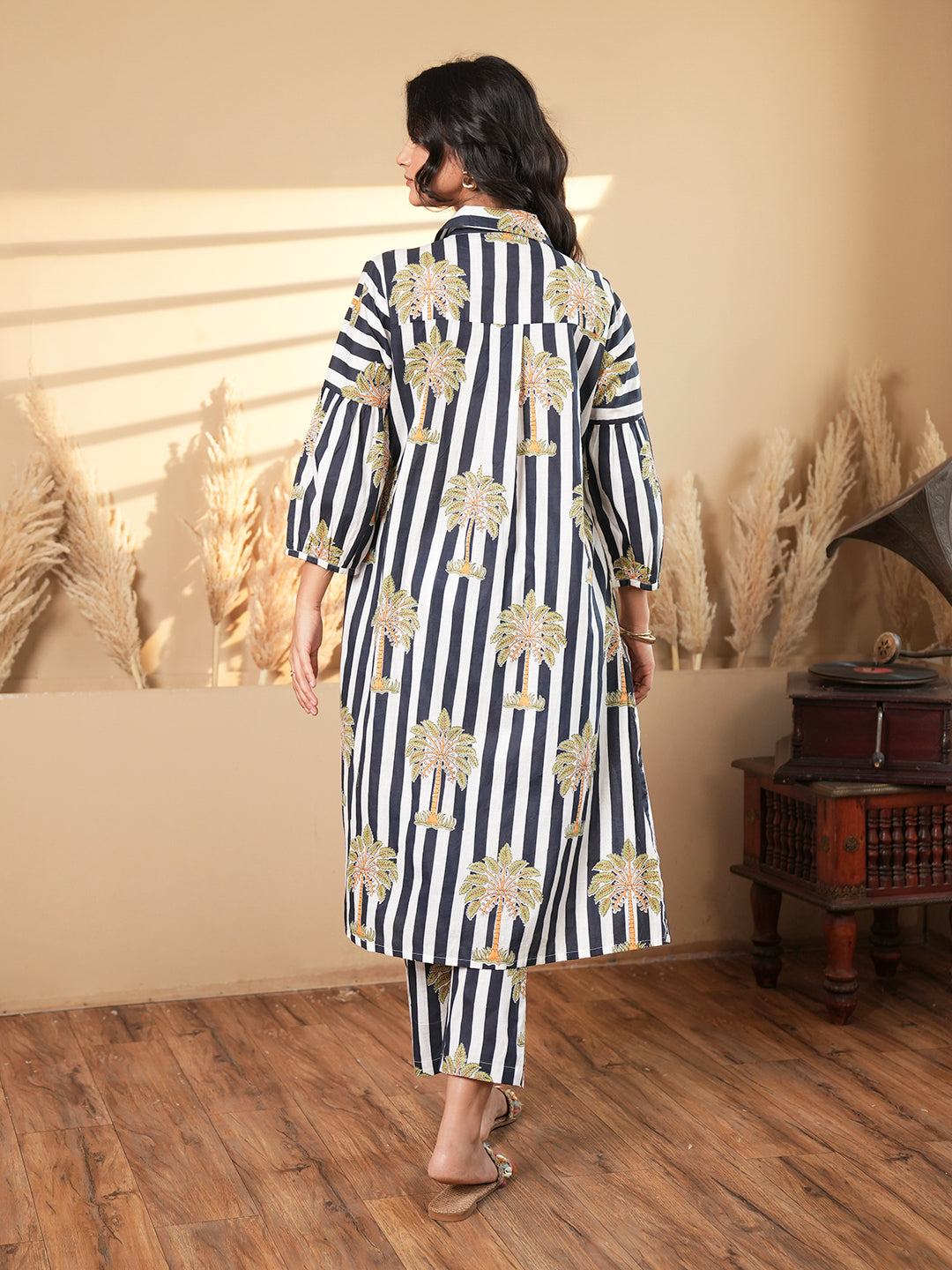 Striped A-Line Cotton Co-ord Set with Printed Motifs