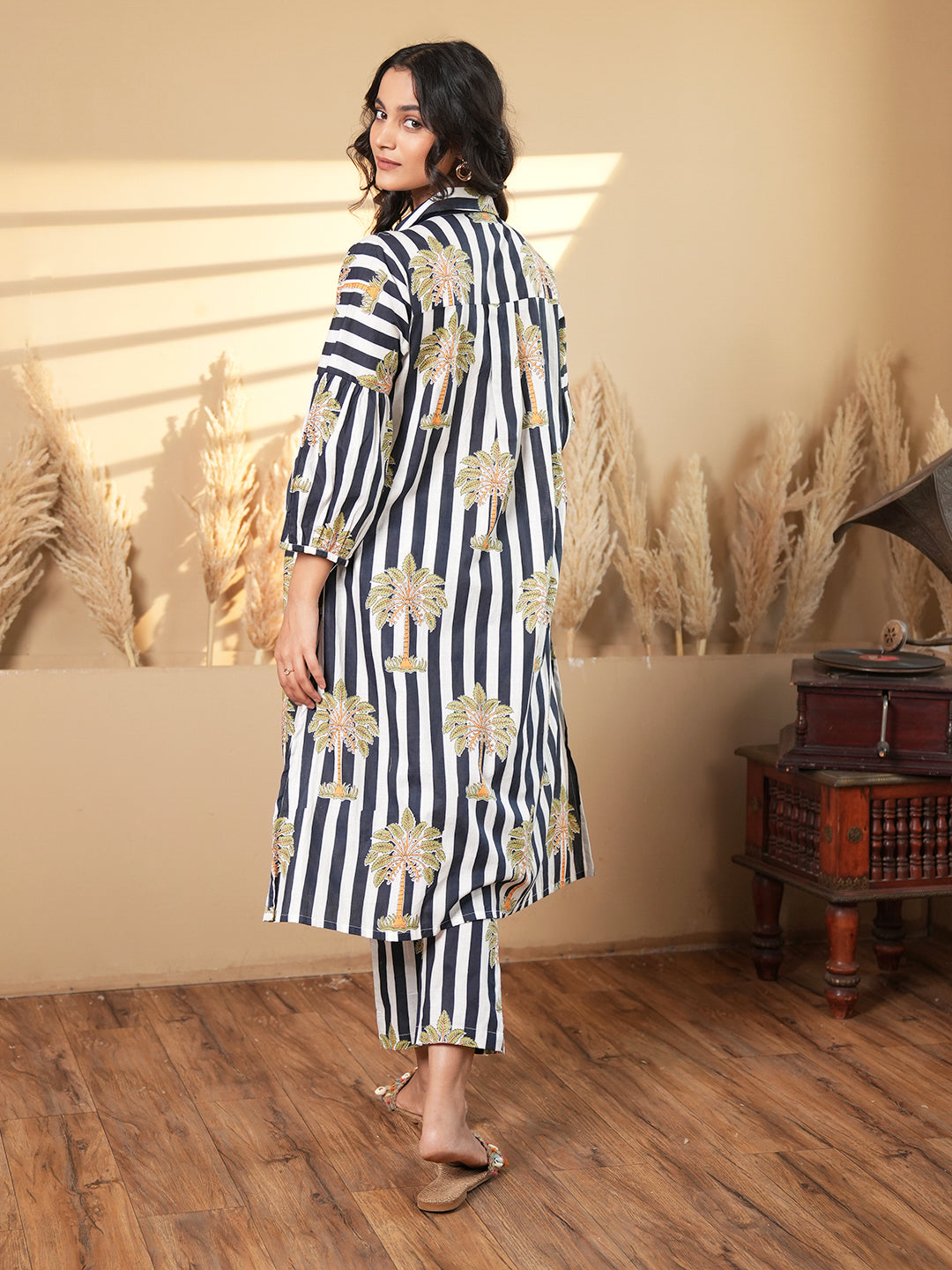 Striped A-Line Cotton Co-ord Set with Printed Motifs