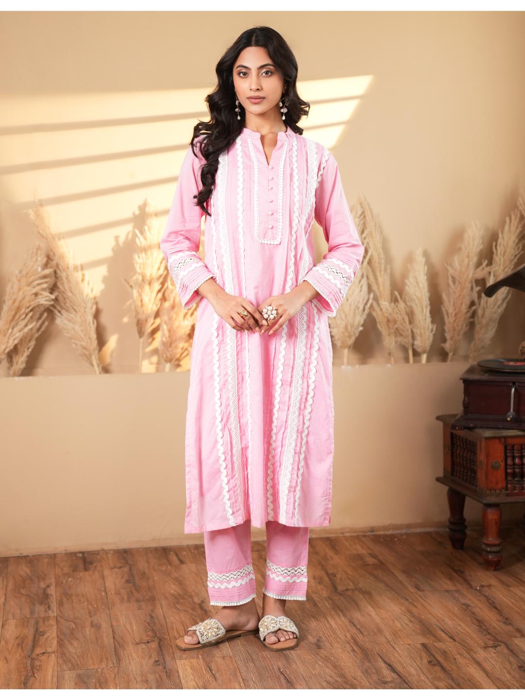 Solid Pink Lace Trim Detailing Kurta Set