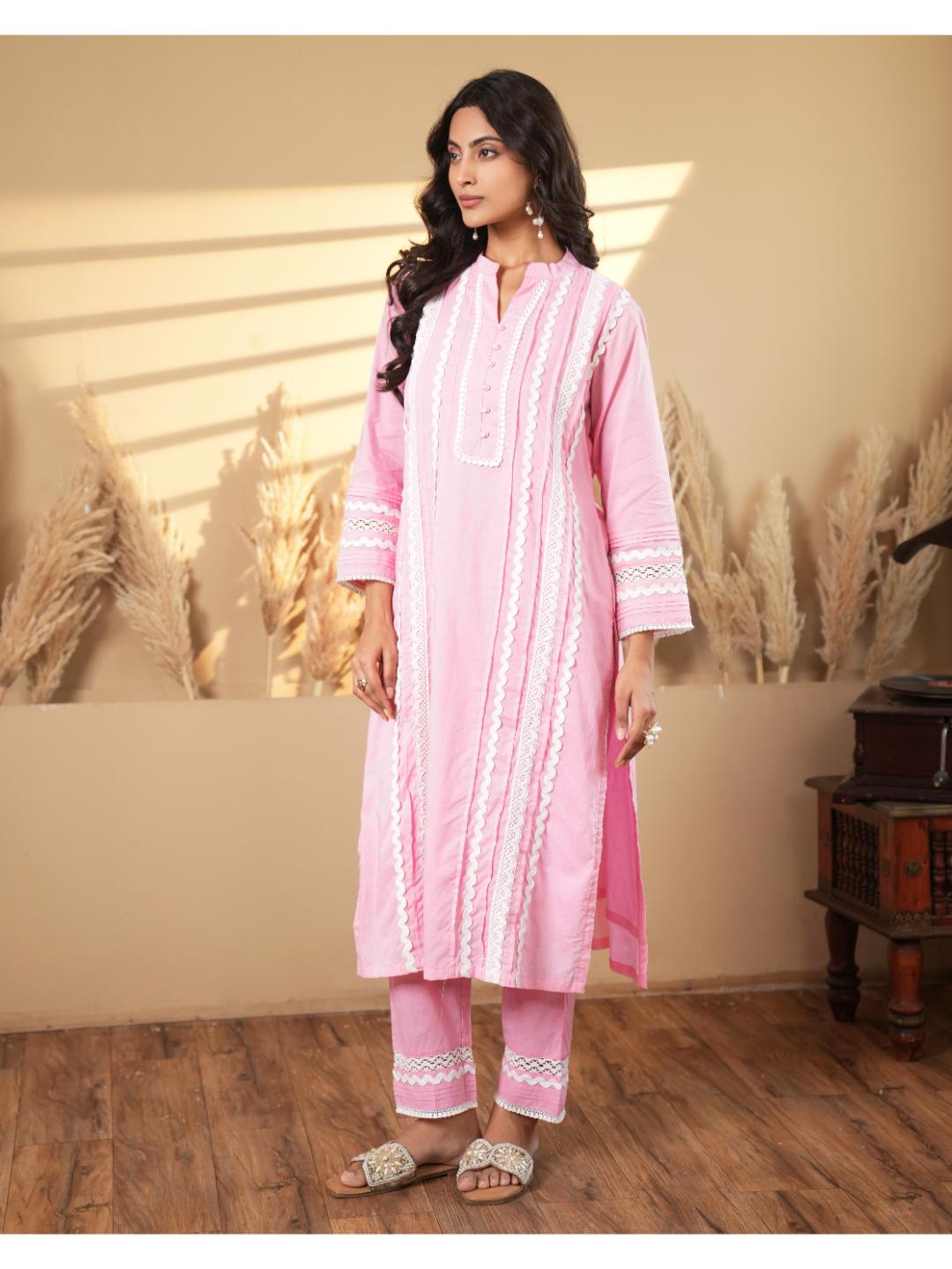Solid Pink Lace Trim Detailing Kurta Set