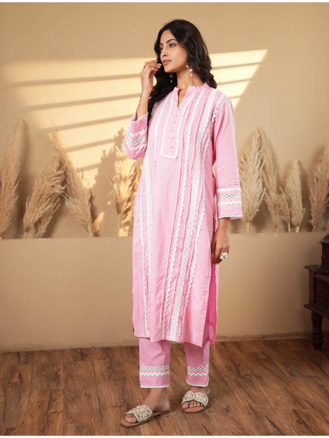 Solid Pink Lace Trim Detailing Kurta Set