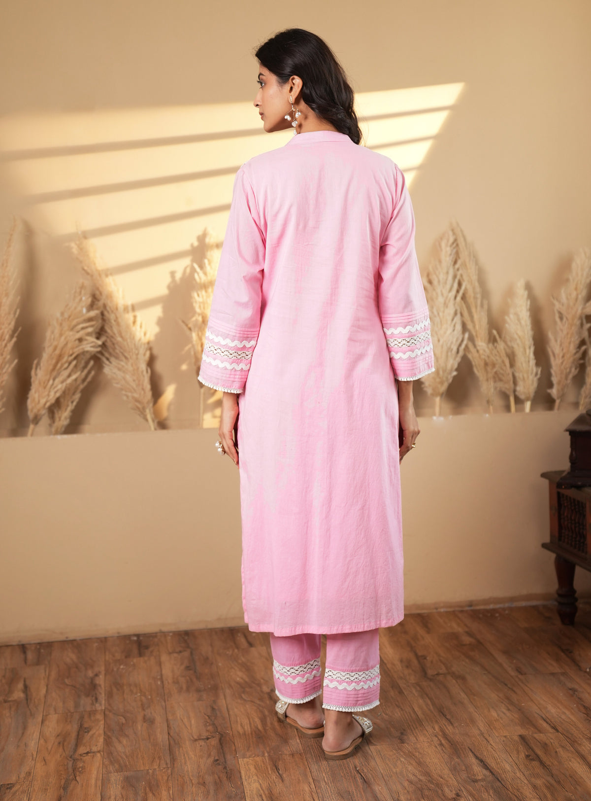 Solid Pink Lace Trim Detailing Kurta Set