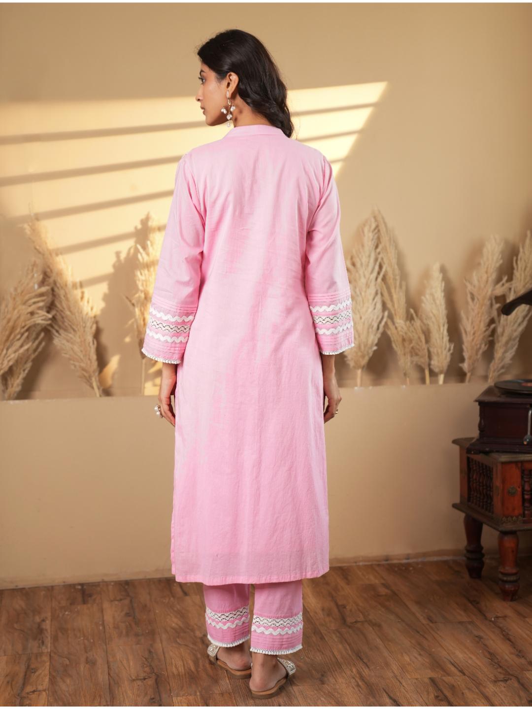 Solid Pink Lace Trim Detailing Kurta Set