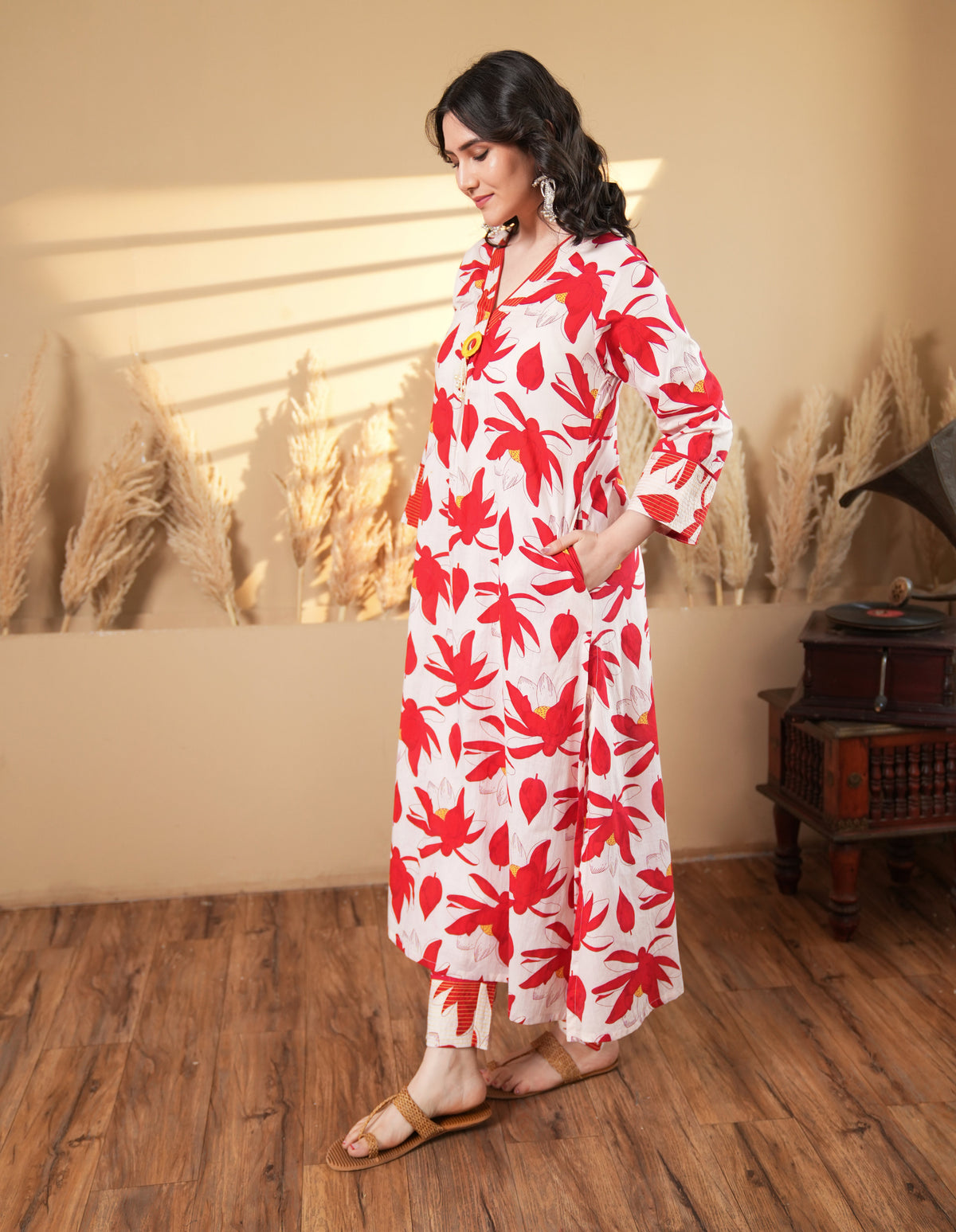 Red Leaf Cotton Embroidered Kurta Set