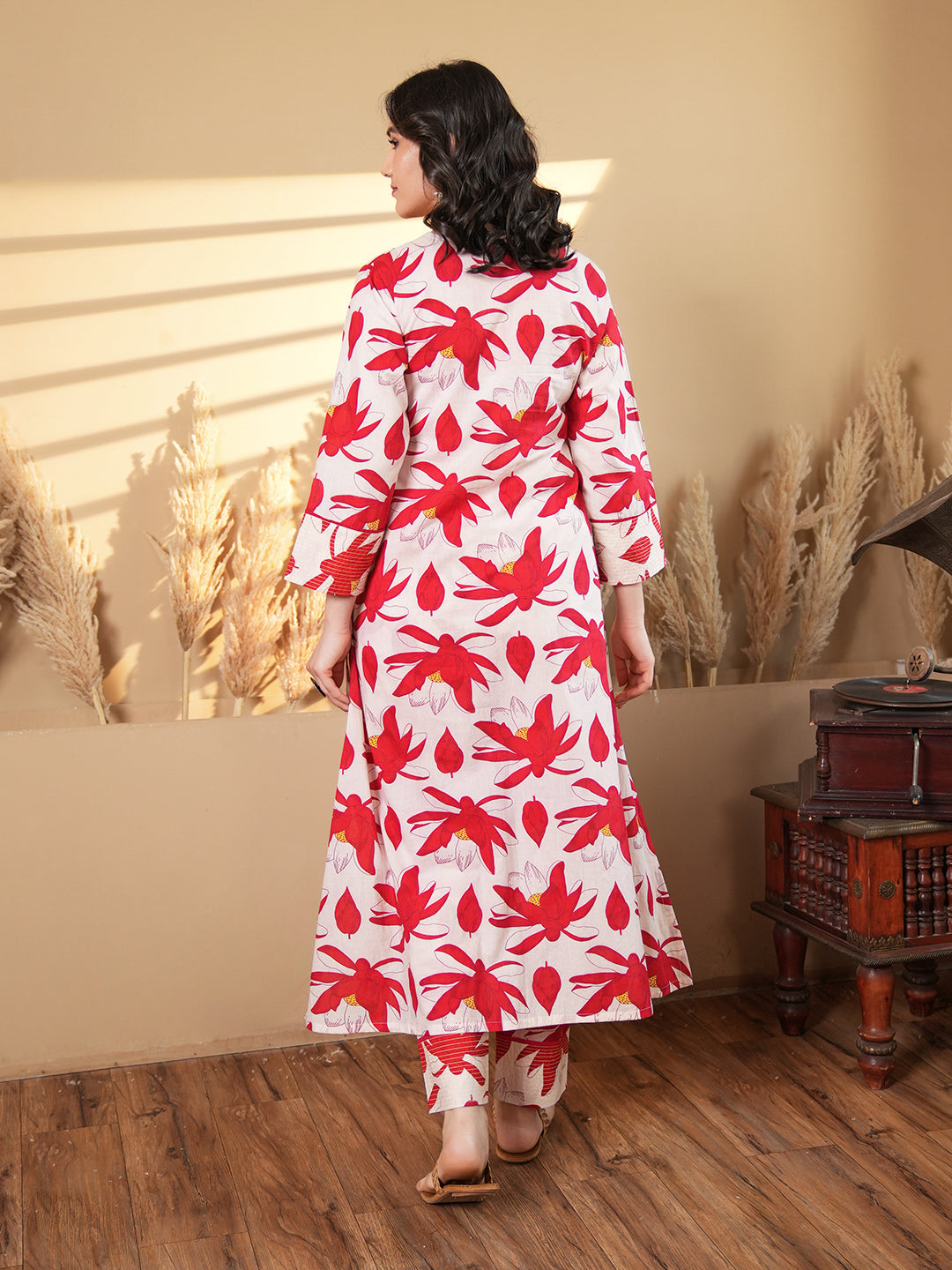 Red Leaf Cotton Embroidered Kurta Set