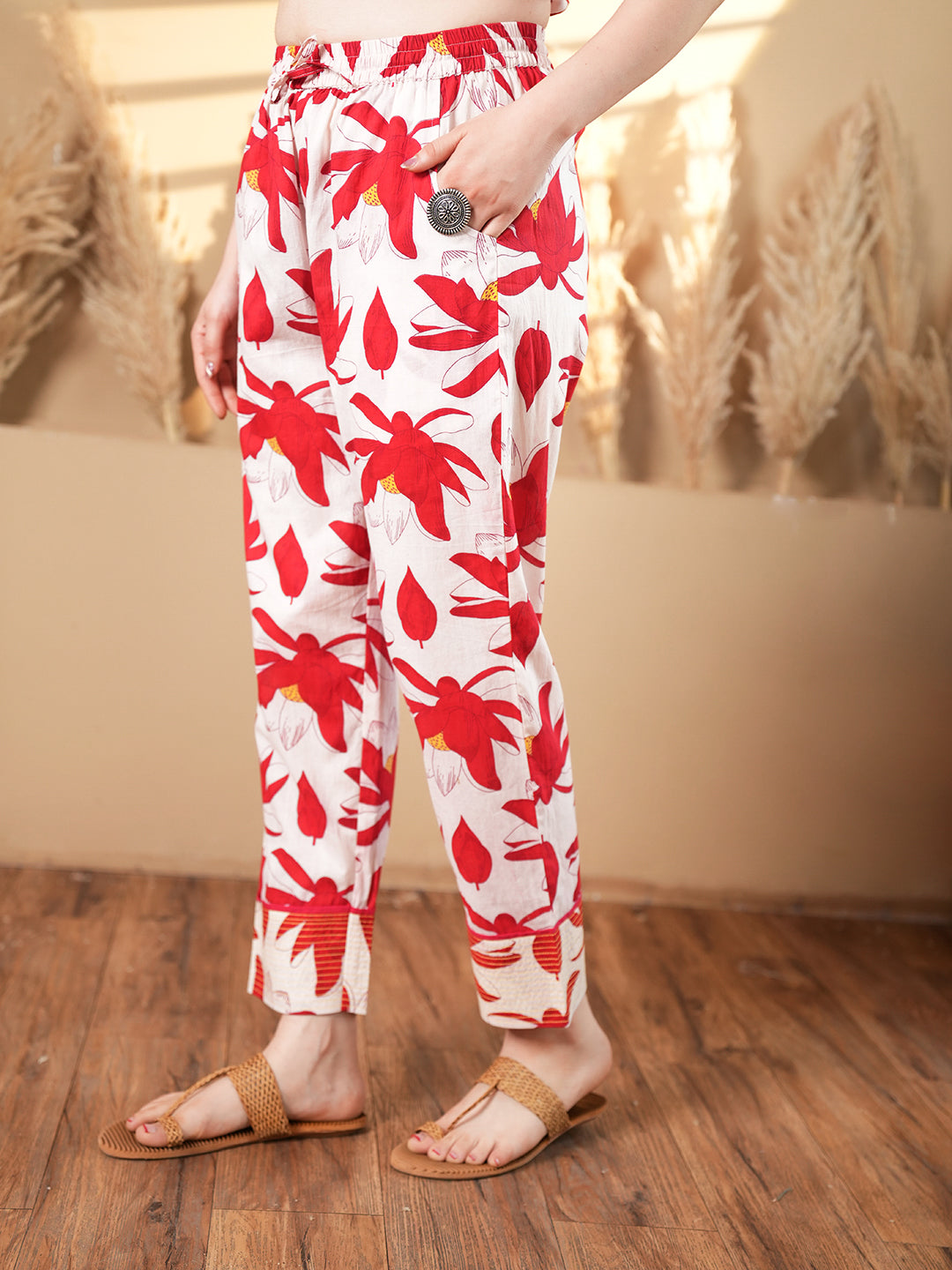 Red Leaf Cotton Embroidered Kurta Set