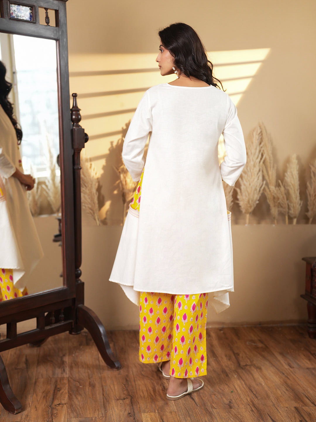 White Asymmetrical Hem Kurta Set