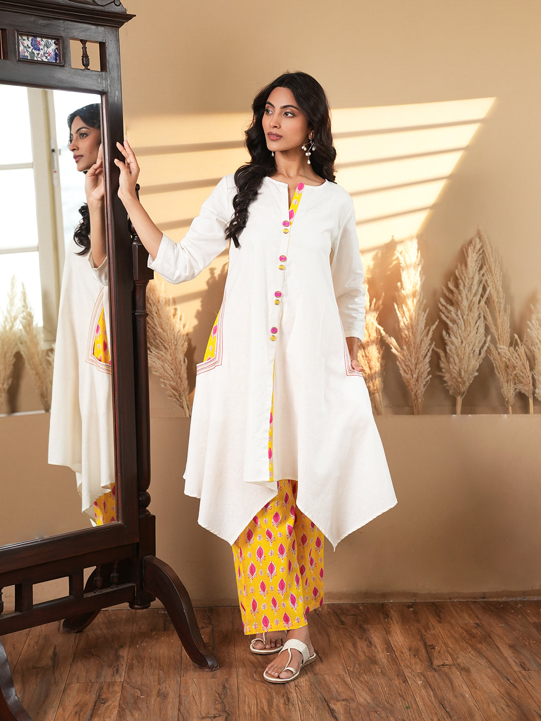 White Asymmetrical Hem Kurta Set