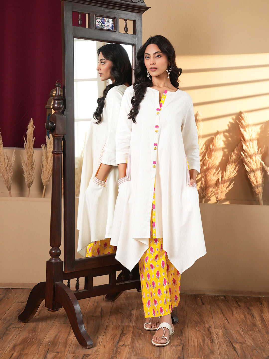 White Asymmetrical Hem Kurta Set