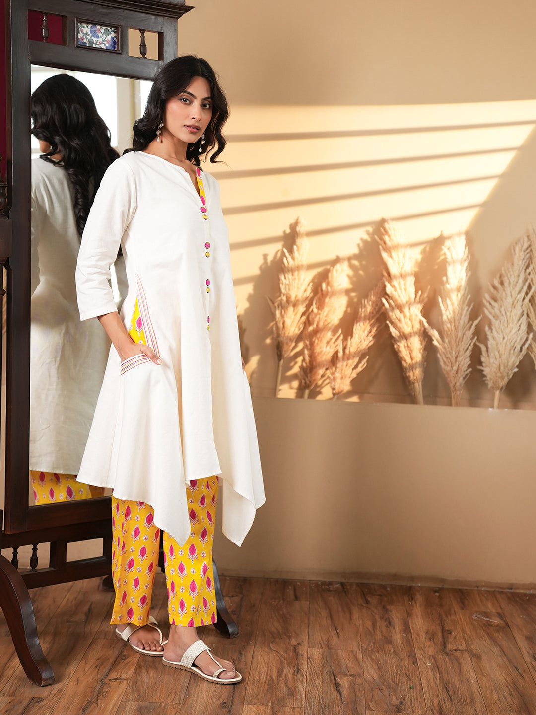 White Asymmetrical Hem Kurta Set