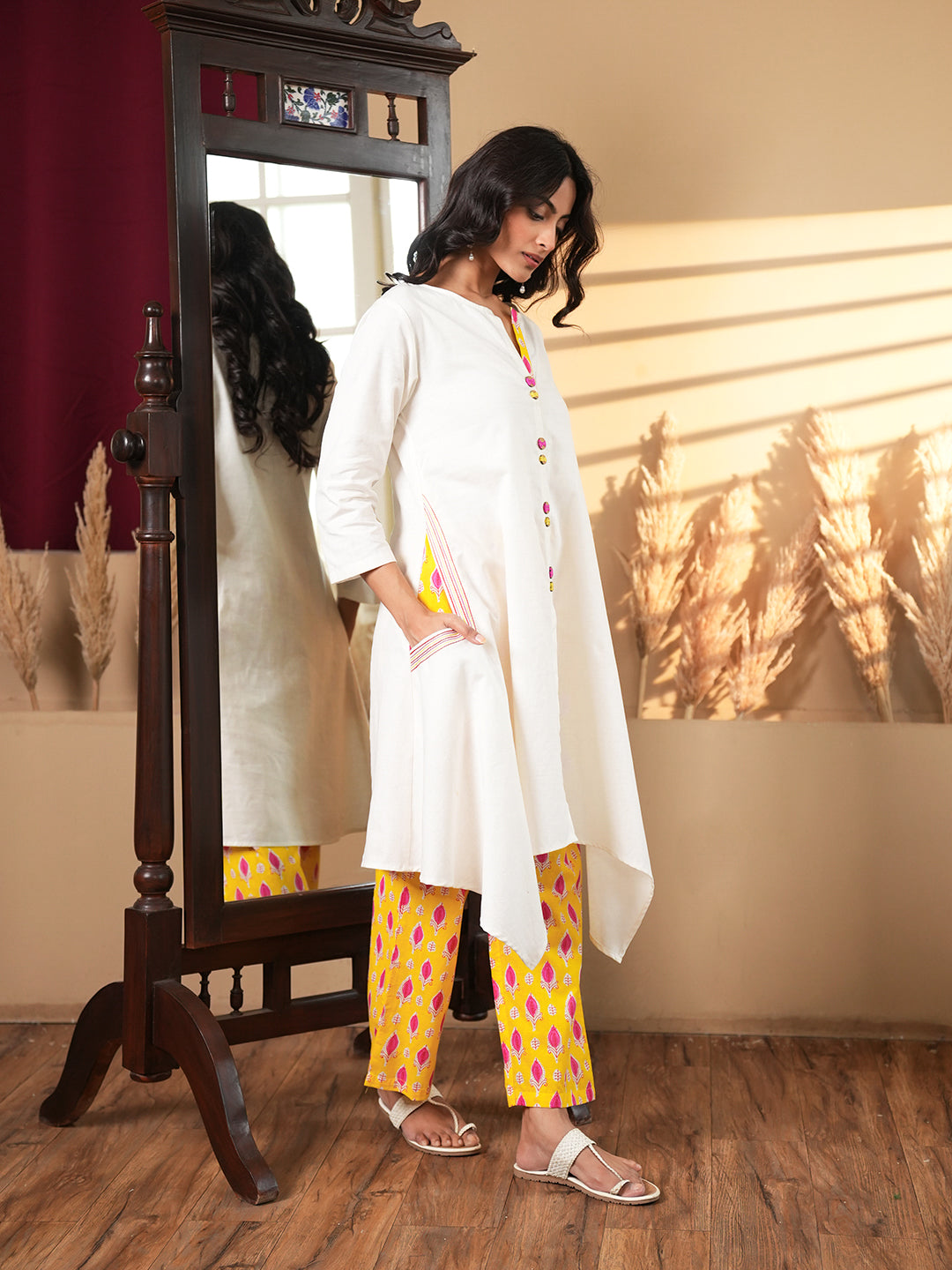 White Asymmetrical Hem Kurta Set