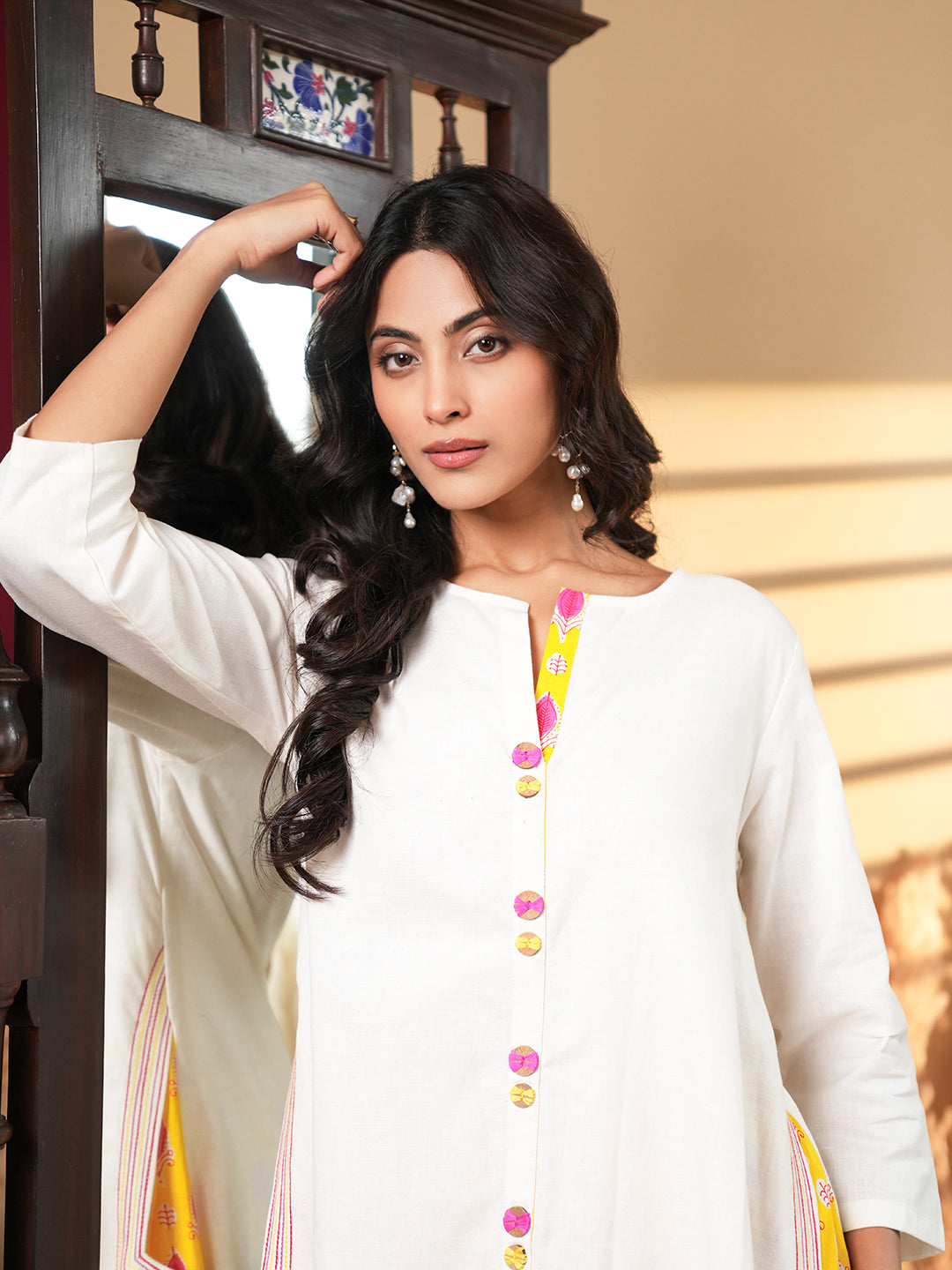 White Asymmetrical Hem Kurta Set