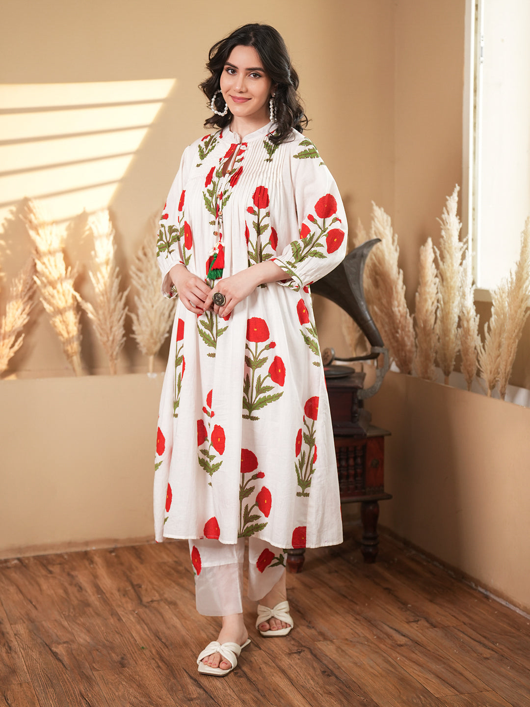 White Cotton Floral A-Line Kurta