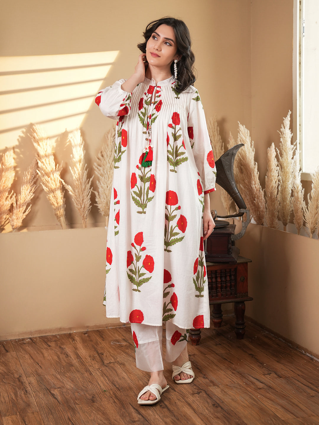 White Cotton Floral A-Line Co-ord Set