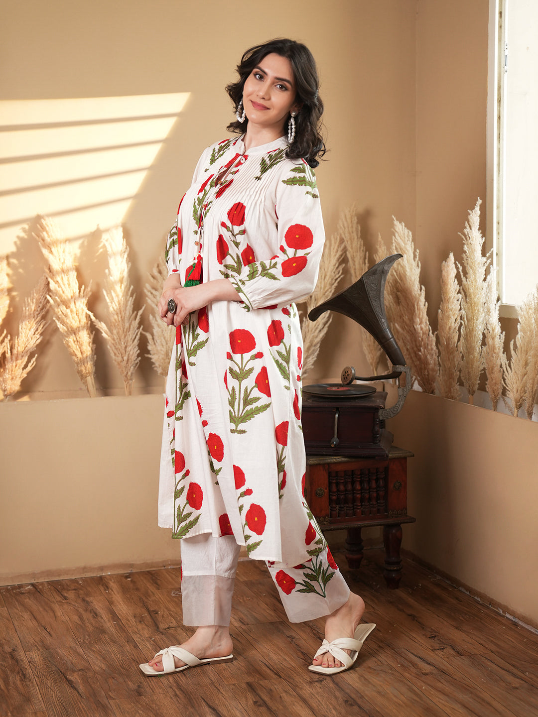 White Cotton Floral A-Line Co-ord Set
