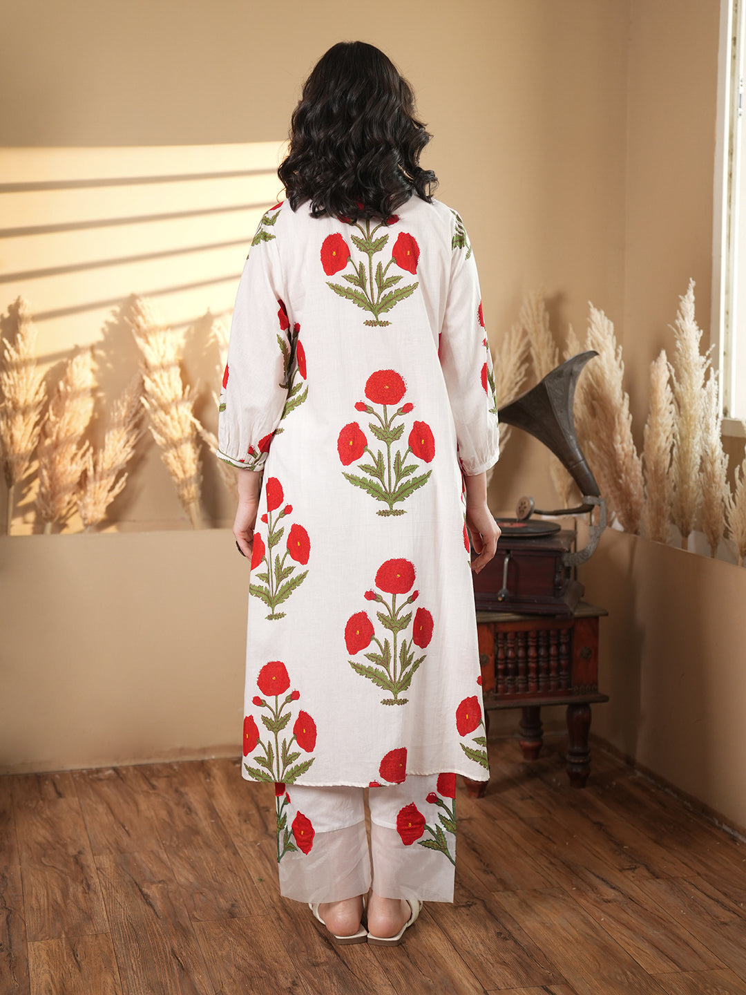 White Cotton Floral A-Line Kurta