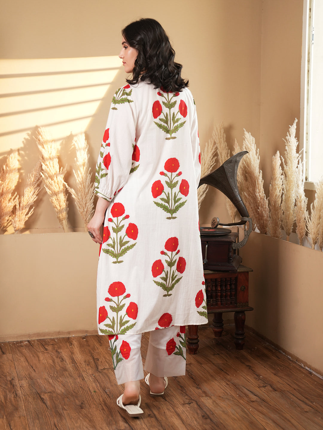 White Cotton Floral A-Line Kurta