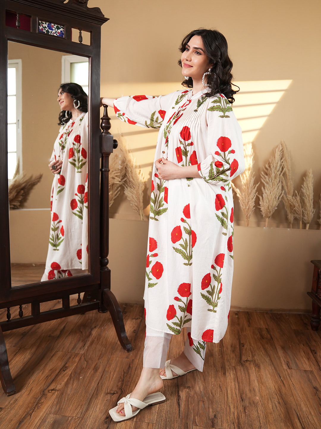 White Cotton Floral A-Line Co-ord Set