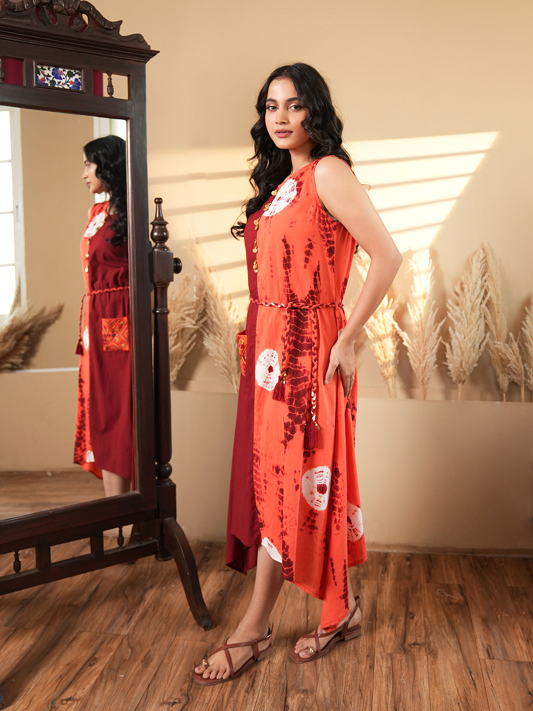 Orange Maroon Shibori Dress