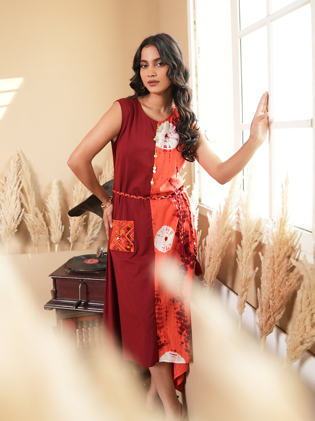 Orange Maroon Shibori Dress