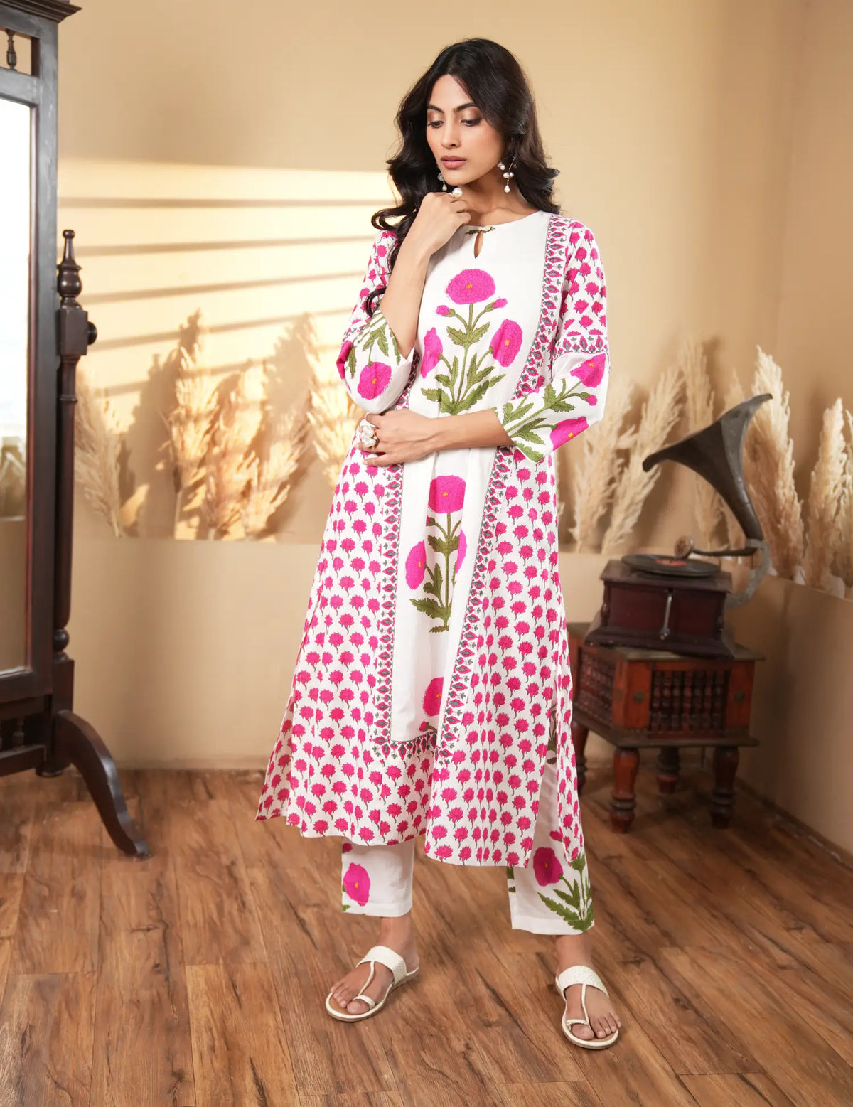 Pink Floral Printed Cotton Kurta Set