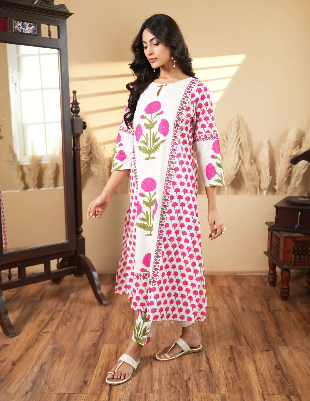 Pink Floral Printed Cotton Kurta Set