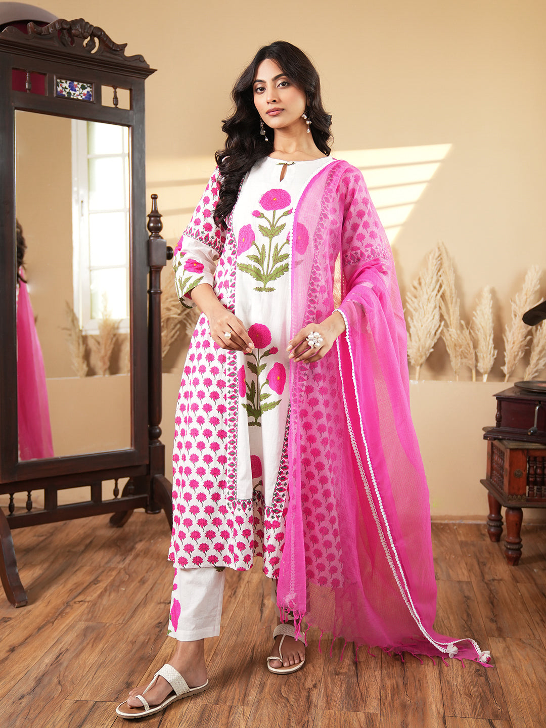 Pink Floral Printed Cotton Kurta Set with Dupatta