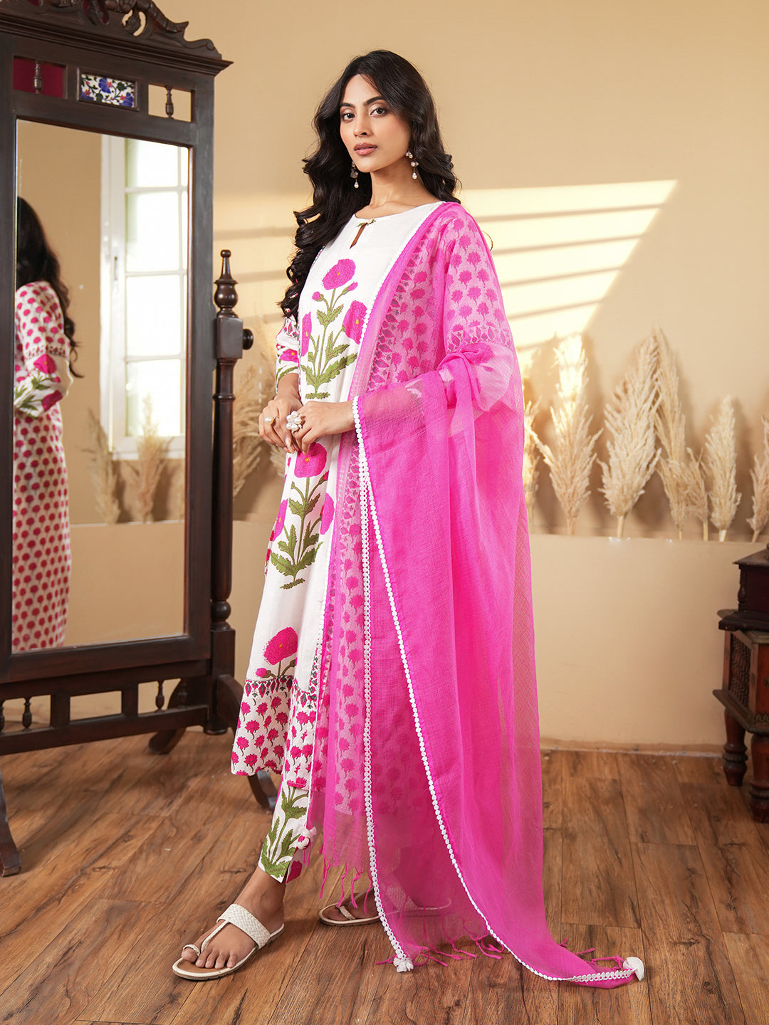 Pink Floral Printed Cotton Kurta Set with Dupatta