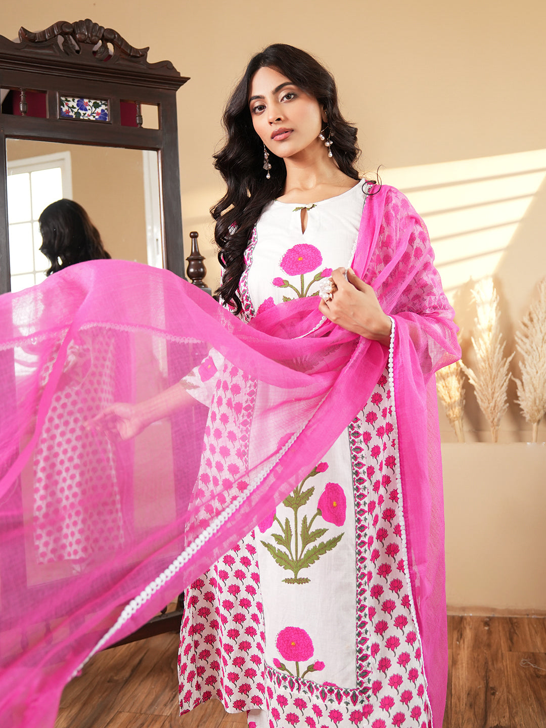 Pink Floral Printed Cotton Kurta Set with Dupatta