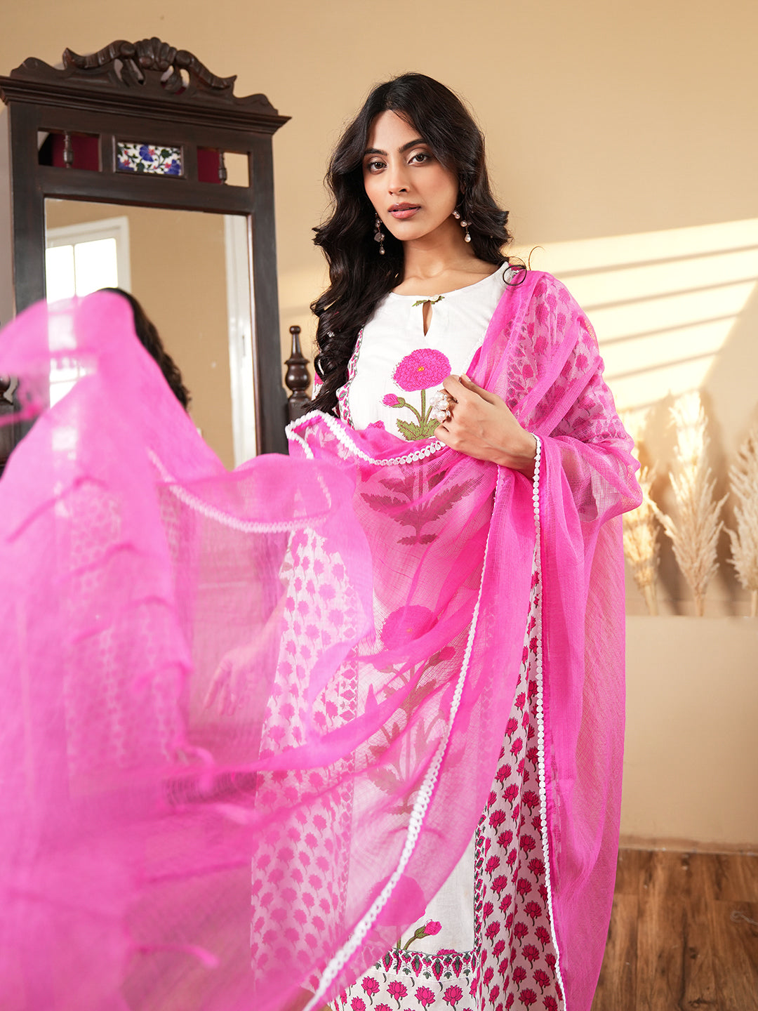 Pink Floral Printed Cotton Kurta Set with Dupatta