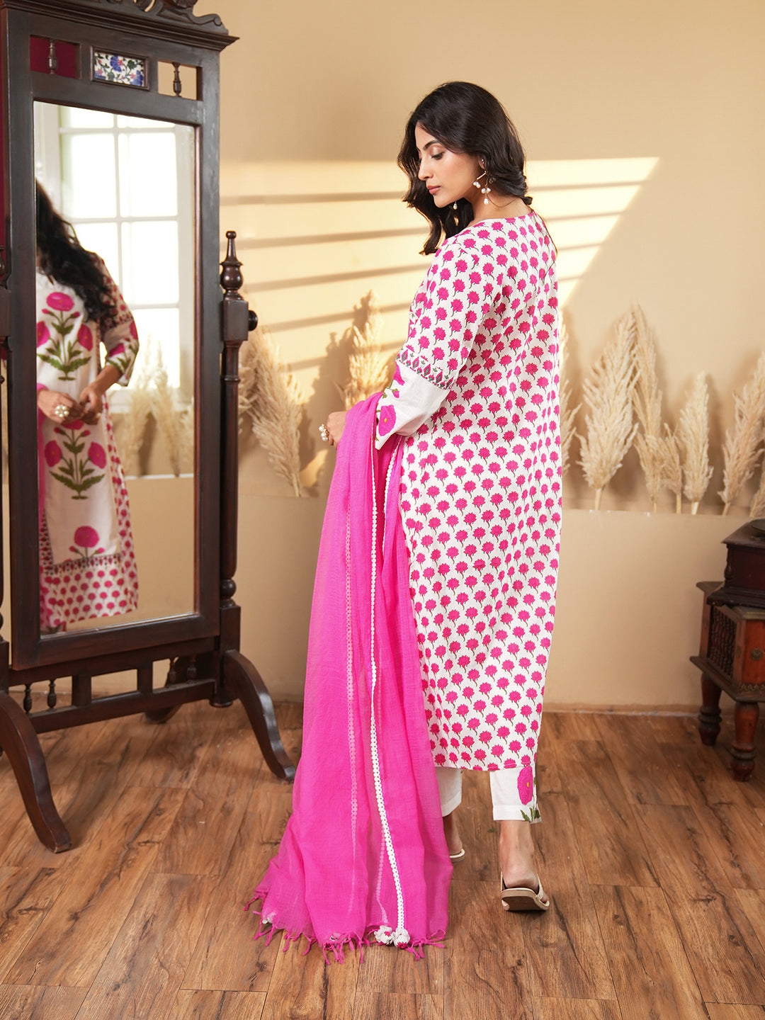 Pink Floral Printed Cotton Kurta Set with Dupatta