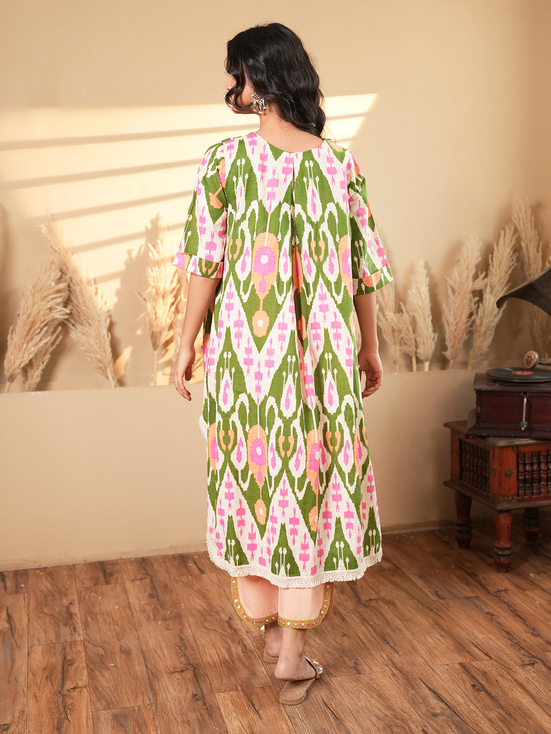Beige Ikkat Kaftan Kurta Set