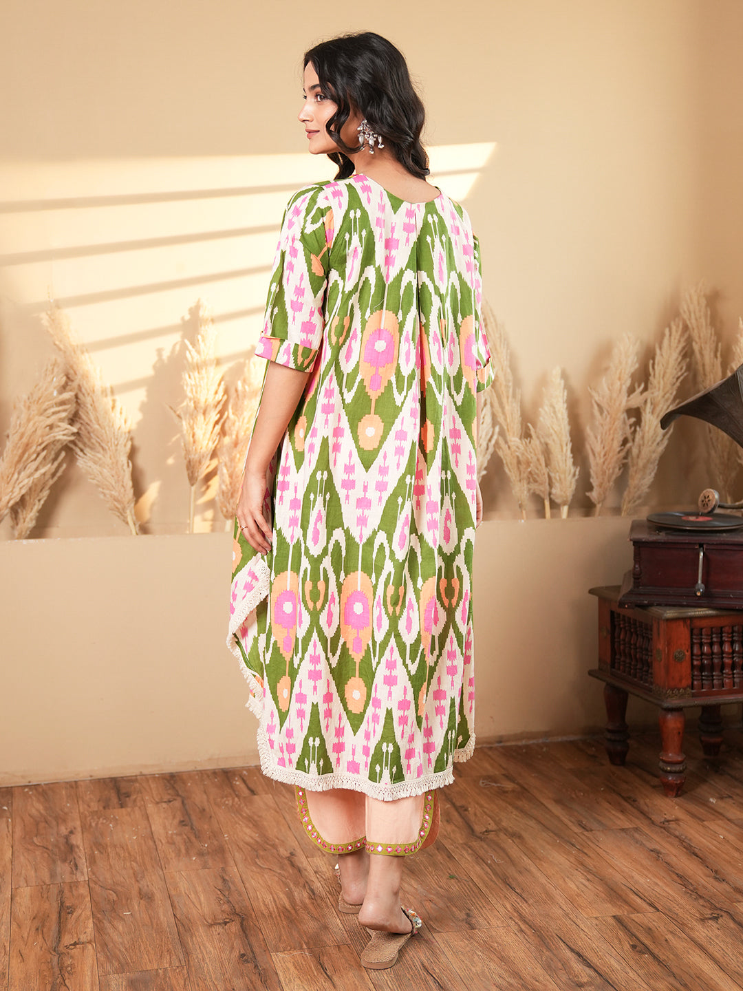 Beige Ikkat Kaftan Kurta Set
