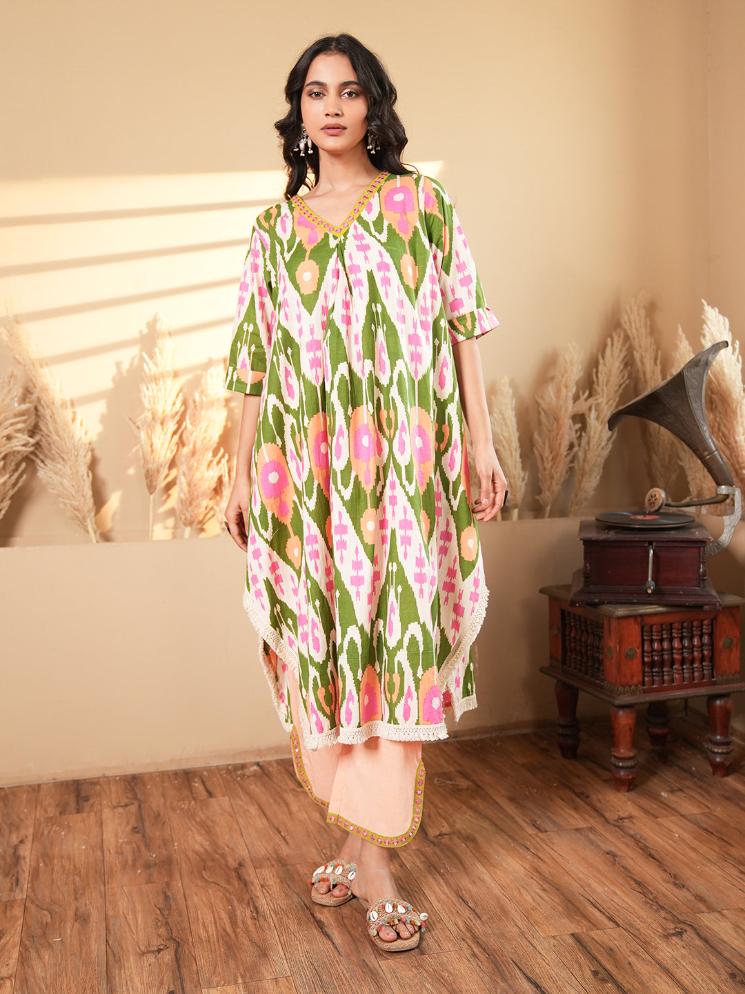 Beige Ikkat Kaftan Kurta Set