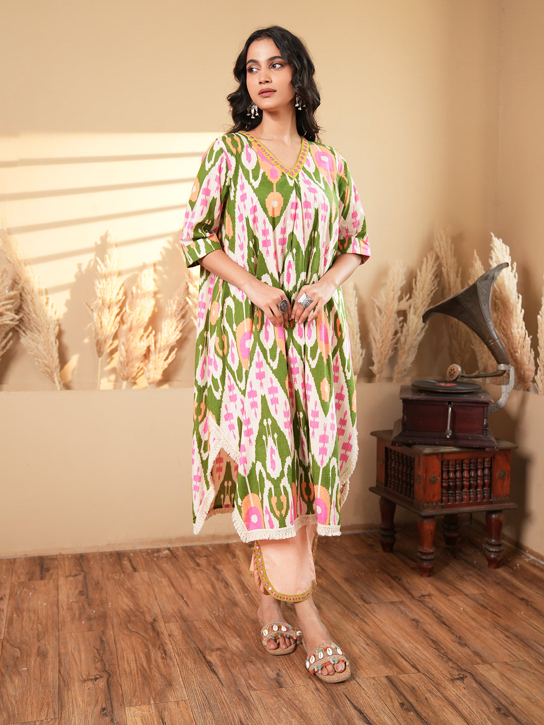 Beige Ikkat Kaftan Kurta Set