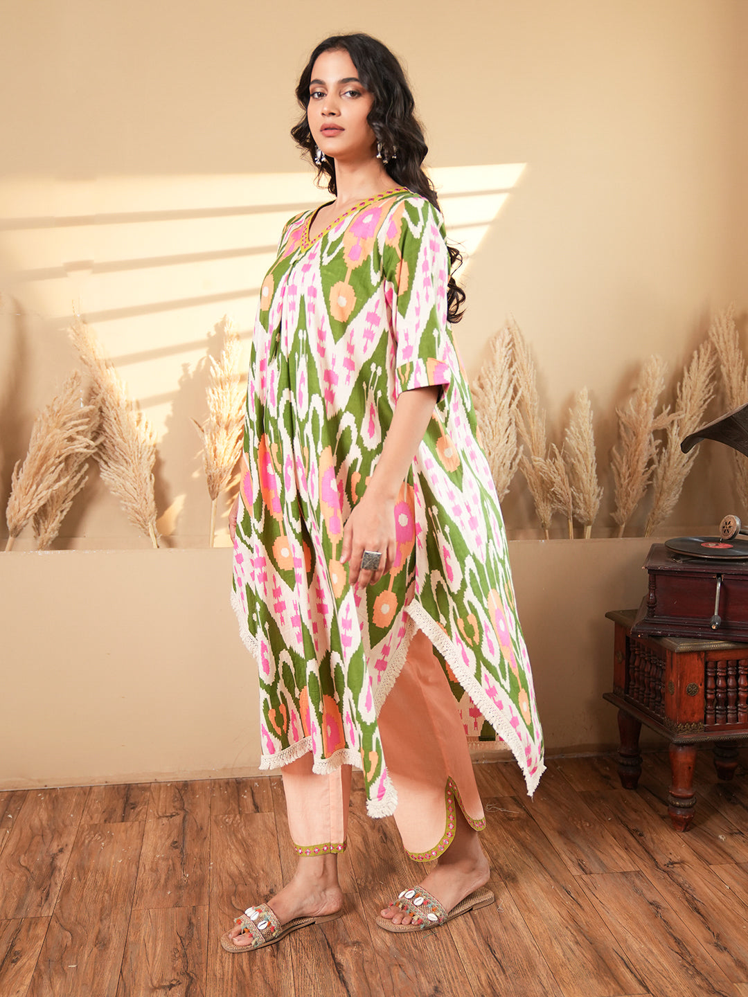 Beige Ikkat Kaftan Kurta Set